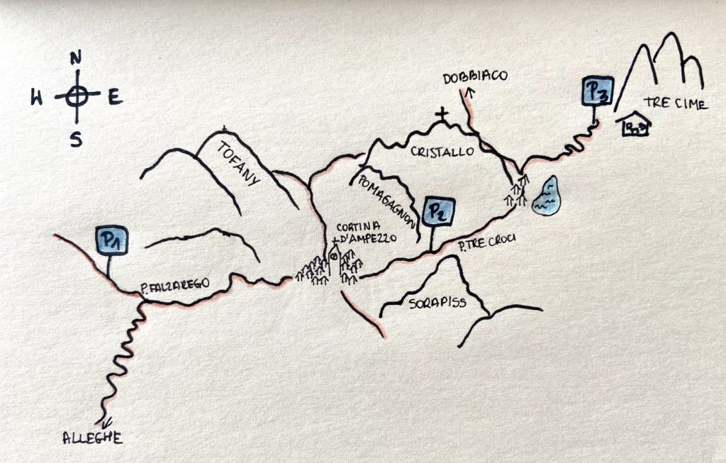 Mapa miejsc gdzie nocowaliśmy vanem w Dolomitach