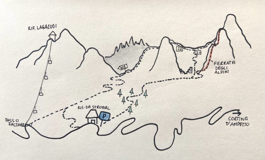 Mapa podejścia, przejścia i zejścia via ferraty degli Alpini. Własnoręcznie wykonany szkic.