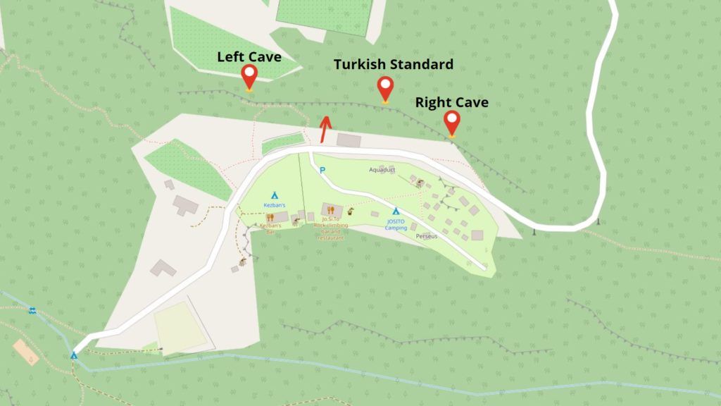Mapa z podejściem pod sektory Left Cave, Turkish Standard, Right Cave w Geyikbayiri, Turcja