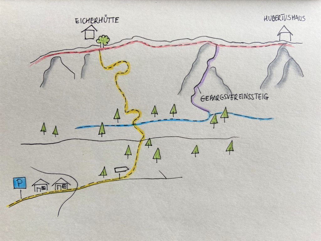 mapa szlaków w okolicach ferraty Gebirgsvereinsteig z zaznaczonymi szlakami na podejście i zejście