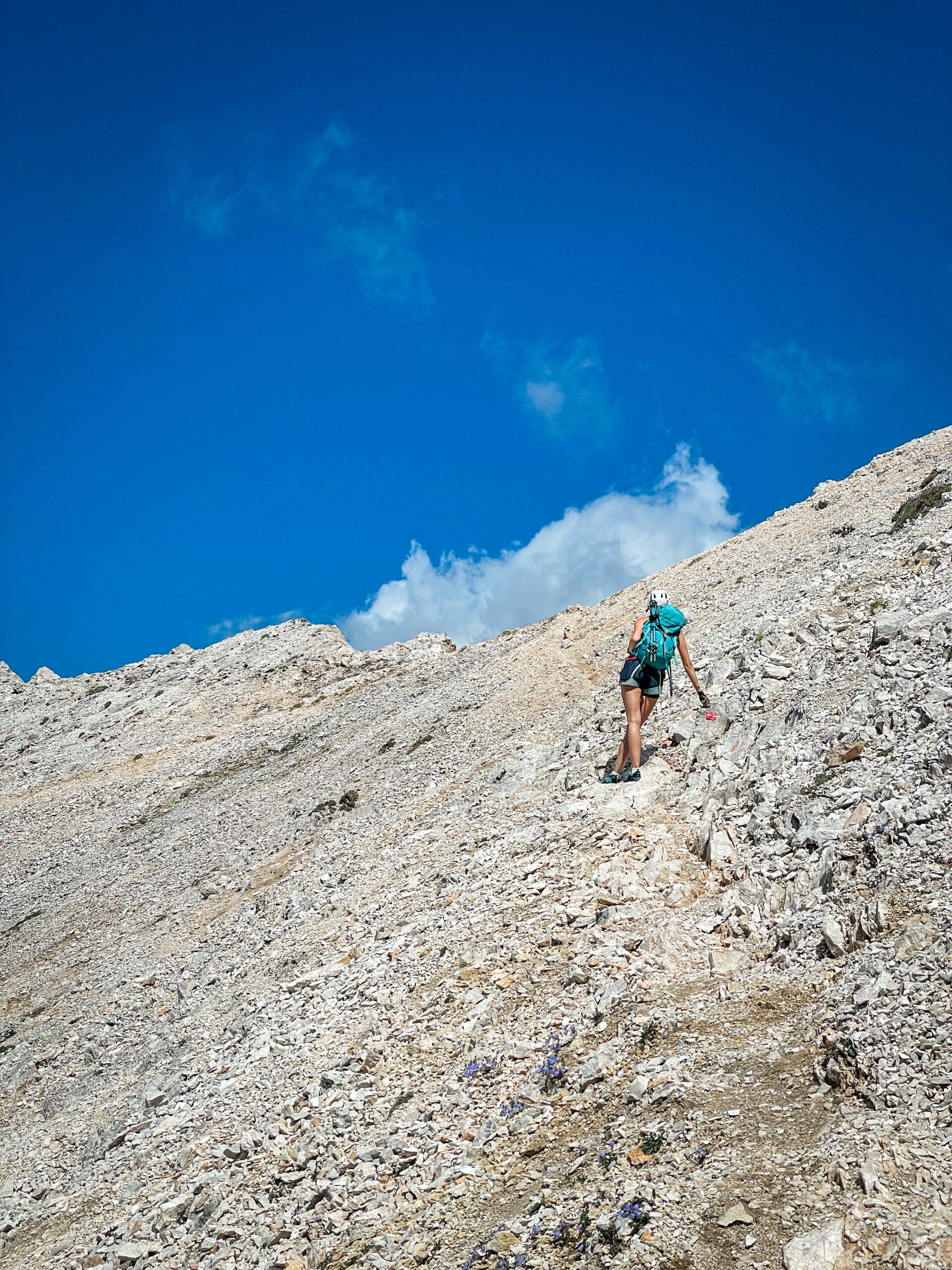 Ewa stoi na zboczu góry pokrytym jasnymi kamieniami, a nad nią jest Przełęcz Alta