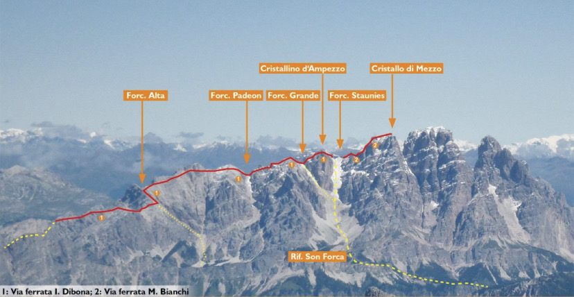 Mapa z oznaczoną granią Cristallo oraz trasą ferraty Ivano Dibona